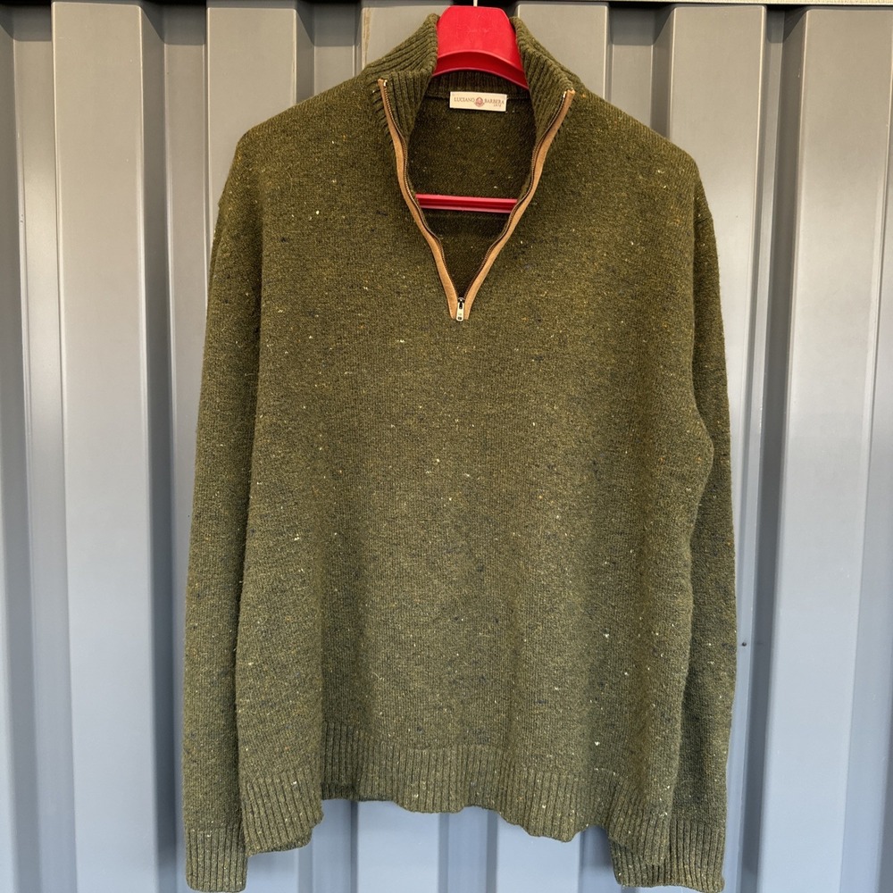 Luciano Barbera 1/4 Zip Pullover Sweater Size 58 Green Wool And Kashmir